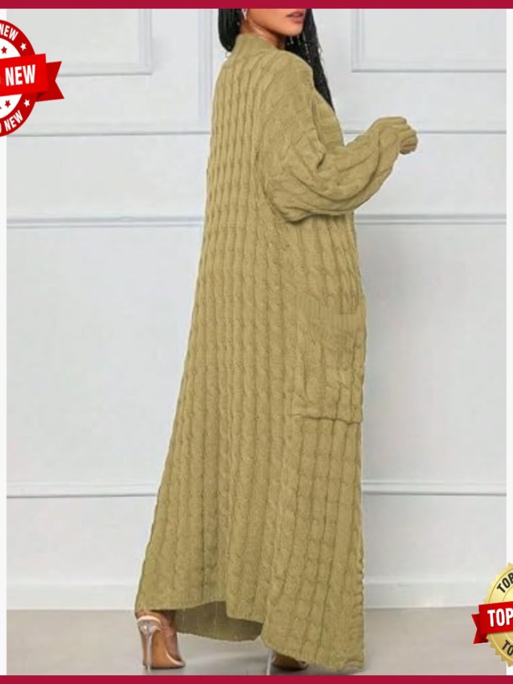 Long Knit Cardigan Sweater, Open Front Duster Style, Ribbed Pattern - Picture 2 of 7